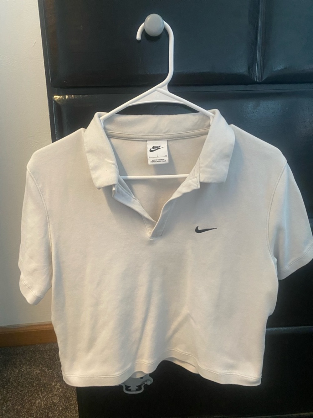 Nike Women's White Cropped Polo Tee with Black Swoosh